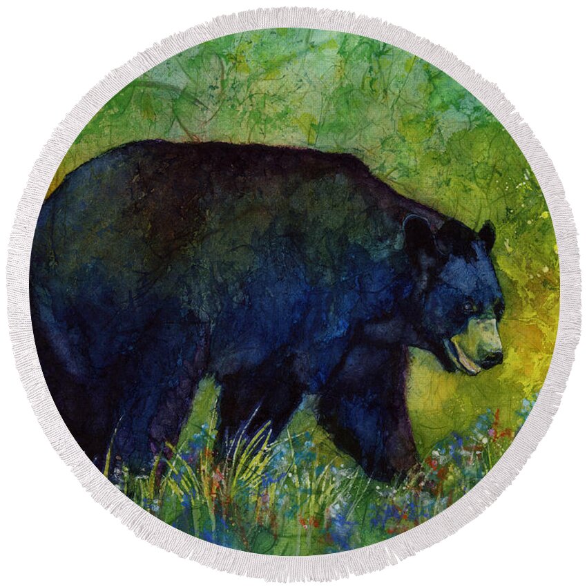 Bear Round Beach Towel featuring the painting Black Bear by Hailey E Herrera