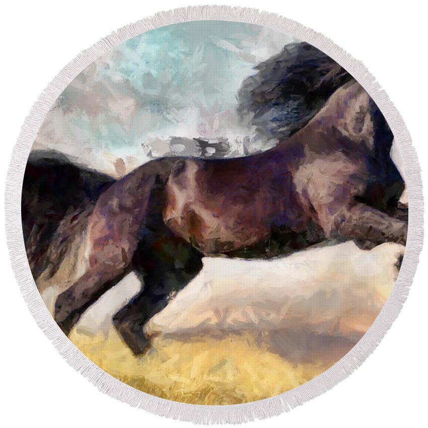 Horses Round Beach Towel featuring the digital art Black Beauty by Caito Junqueira