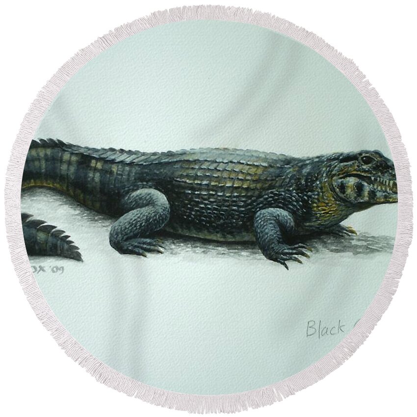 Black Caiman Round Beach Towel featuring the painting Black Caiman by Christopher Cox