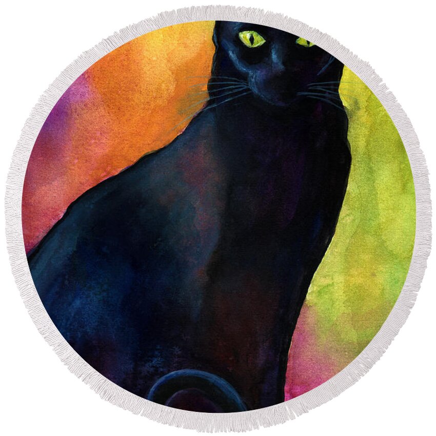 Black Cat Round Beach Towel featuring the painting Black cat 9 watercolor painting by Svetlana Novikova