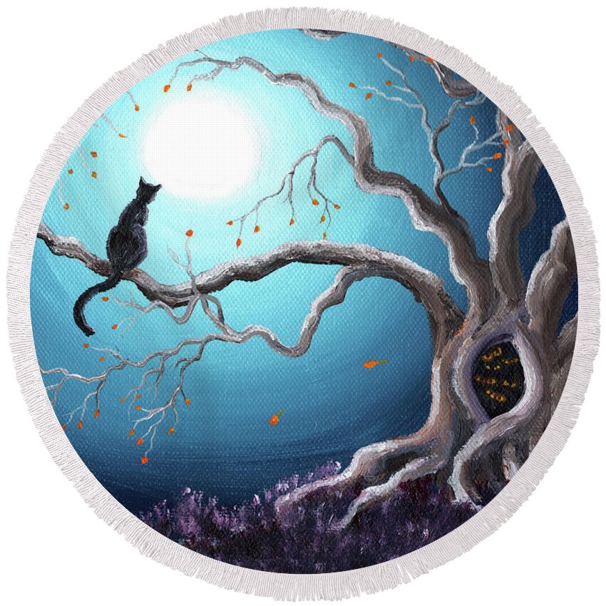 Landscape Round Beach Towel featuring the painting Black Cat in a Haunted Tree by Laura Iverson