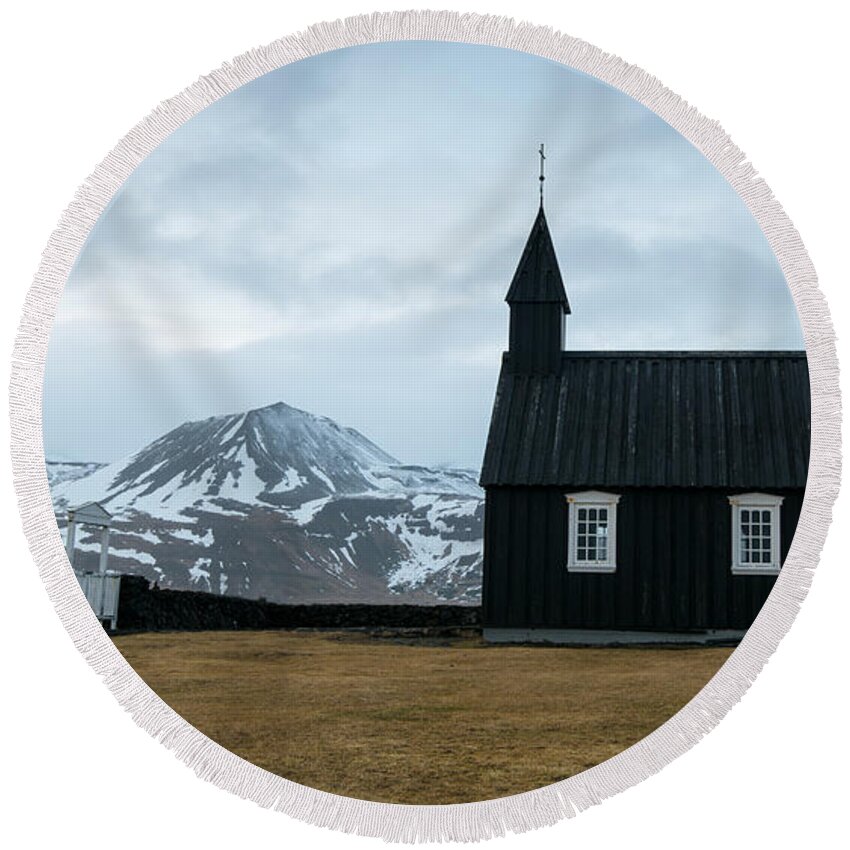 Budir Church Round Beach Towel featuring the photograph Black church of Budir, Iceland #4 by Michalakis Ppalis