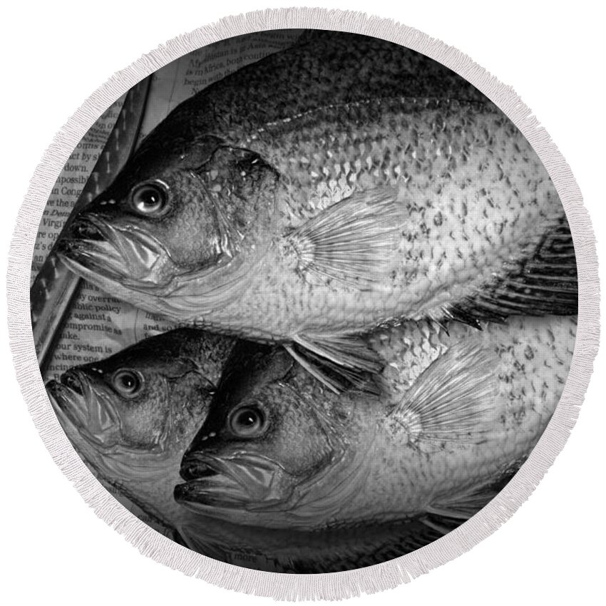 Crappie Round Beach Towel featuring the photograph Black Crappie Panfish with Fish Filet Knife in Black and White by Randall Nyhof