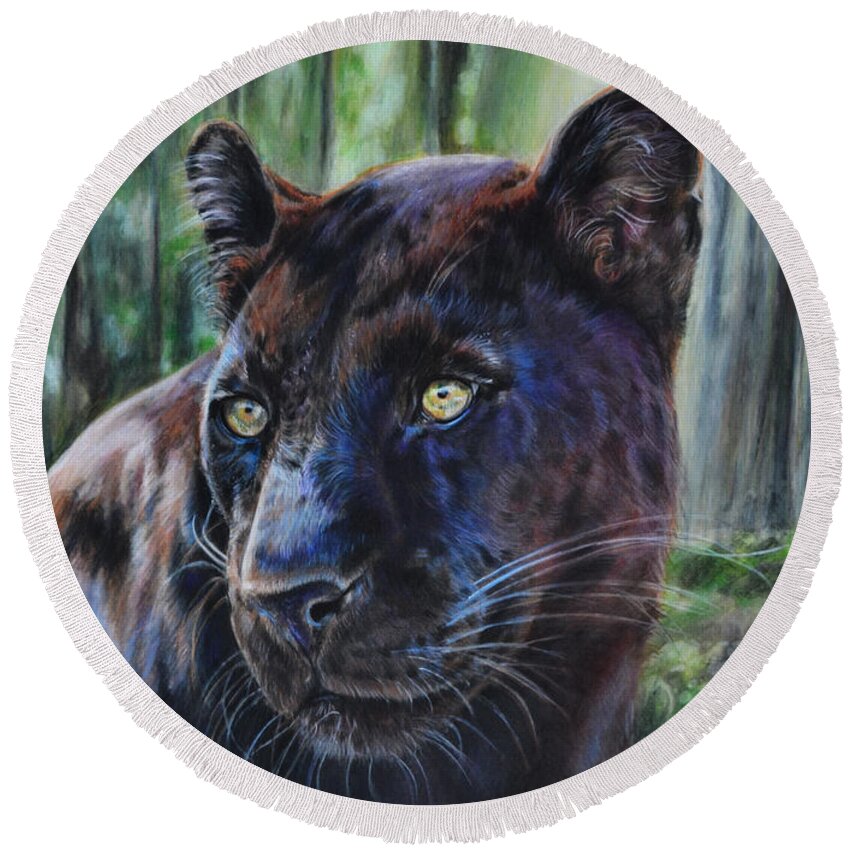 Leopard Round Beach Towel featuring the painting Black Leopard by Lachri
