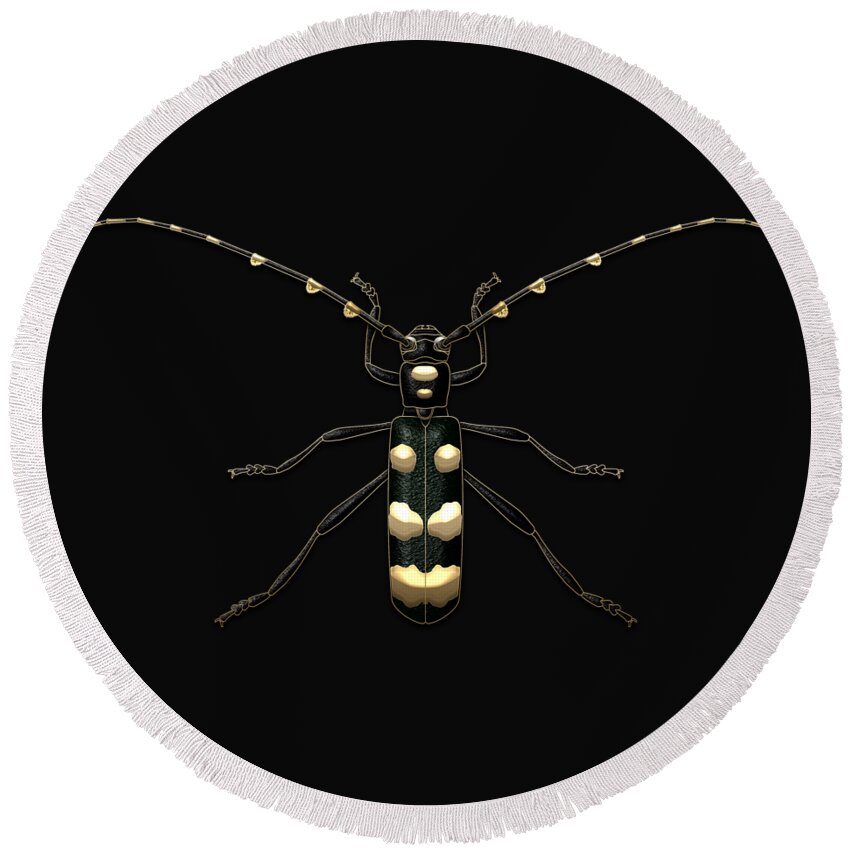 'beasts Creatures And Critters' Collection By Serge Averbukh Round Beach Towel featuring the digital art Black Longhorn Beetle with Gold Accents on Black Canvas by Serge Averbukh