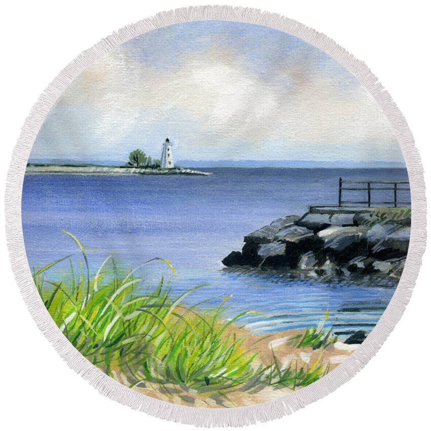 Lighthouse Seascape Round Beach Towel featuring the painting Black Rock by John Deecken