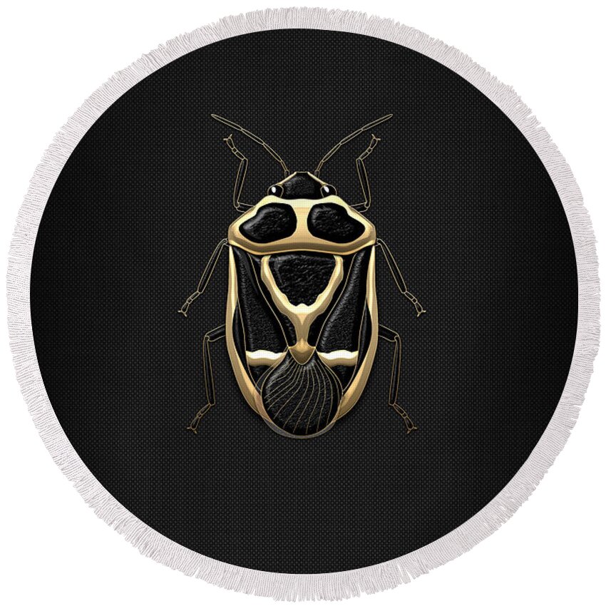 beasts Creatures And Critters Collection By Serge Averbukh Round Beach Towel featuring the photograph Black Shieldbug with Gold Accents by Serge Averbukh