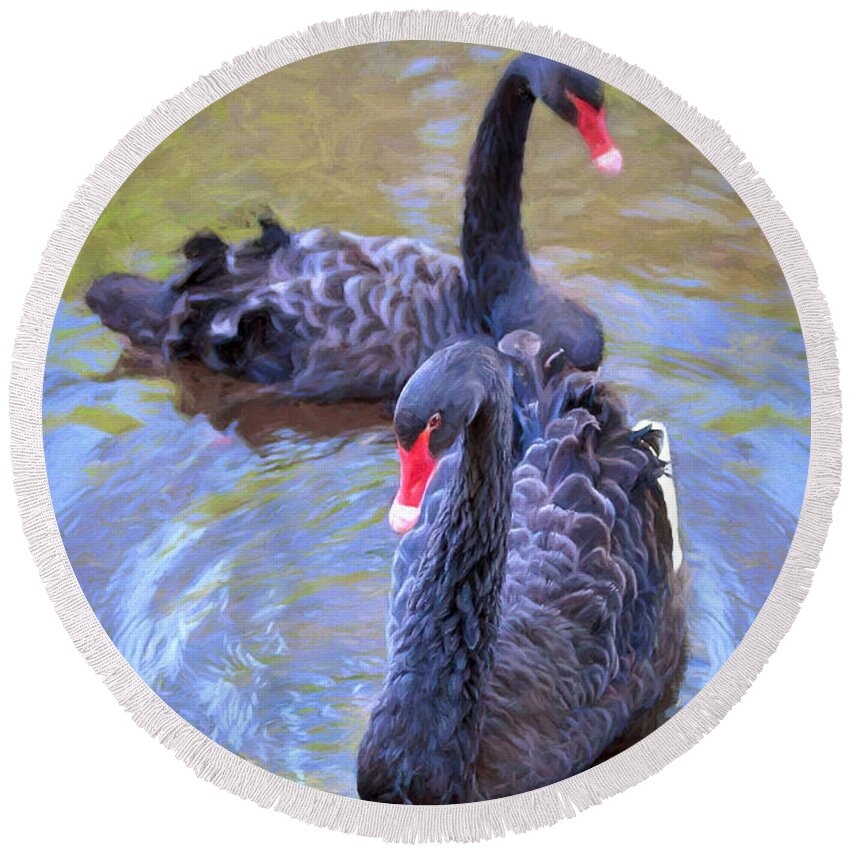Swan Round Beach Towel featuring the photograph Black Swans by Susan Rissi Tregoning
