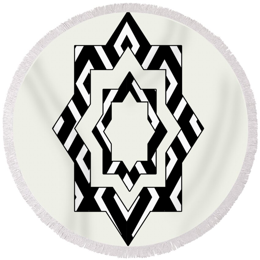 Black And White Round Beach Towel featuring the mixed media Black White Pattern Art by Christina Rollo