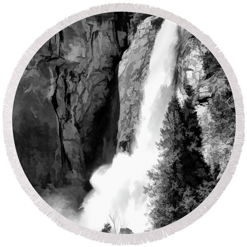 Yosemite Round Beach Towel featuring the photograph Black Wht Falls Yosemite California by Chuck Kuhn