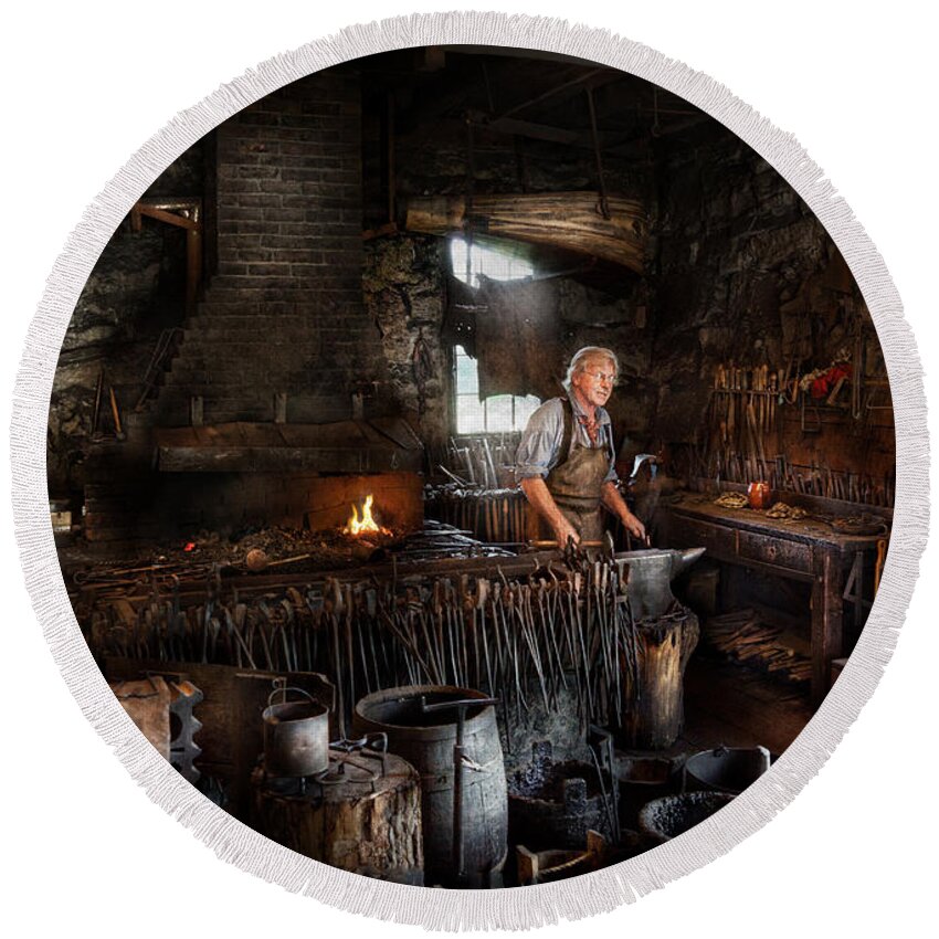 Hdr Round Beach Towel featuring the photograph Blacksmith - This is my trade by Mike Savad