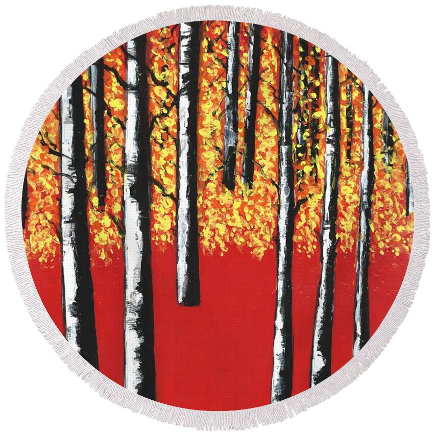 #trees #birches #forests #woods #woodlands #red #yellow #blackandwhite Round Beach Towel featuring the painting Blazing Birches by Allison Constantino