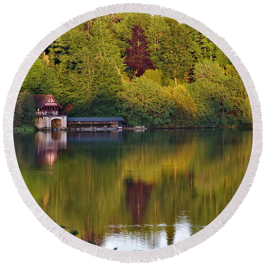 Blenheim Palace Round Beach Towel featuring the photograph Blenheim Palace Boathouse 2 by Jeremy Hayden