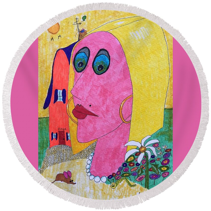  Round Beach Towel featuring the painting Blonde w/pearl necklace by Lew Hagood