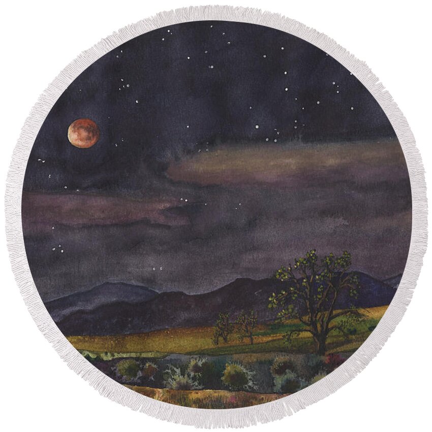 Blood Moon Painting Round Beach Towel featuring the painting Blood Moon Over Boulder by Anne Gifford