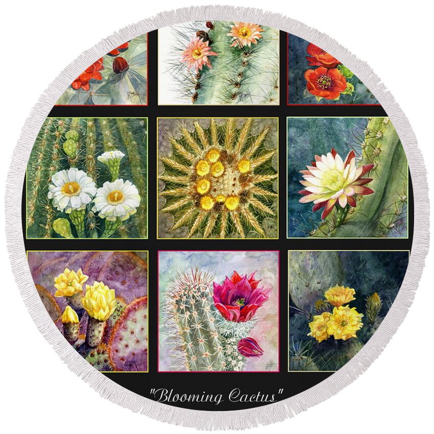 Cactus Blooms Round Beach Towel featuring the painting Blooming Cactus by Marilyn Smith