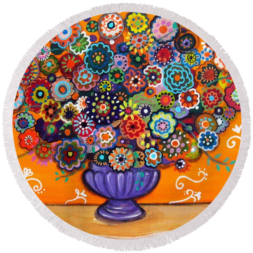 Prisarts Round Beach Towel featuring the painting Blooms 6 by Pristine Cartera Turkus