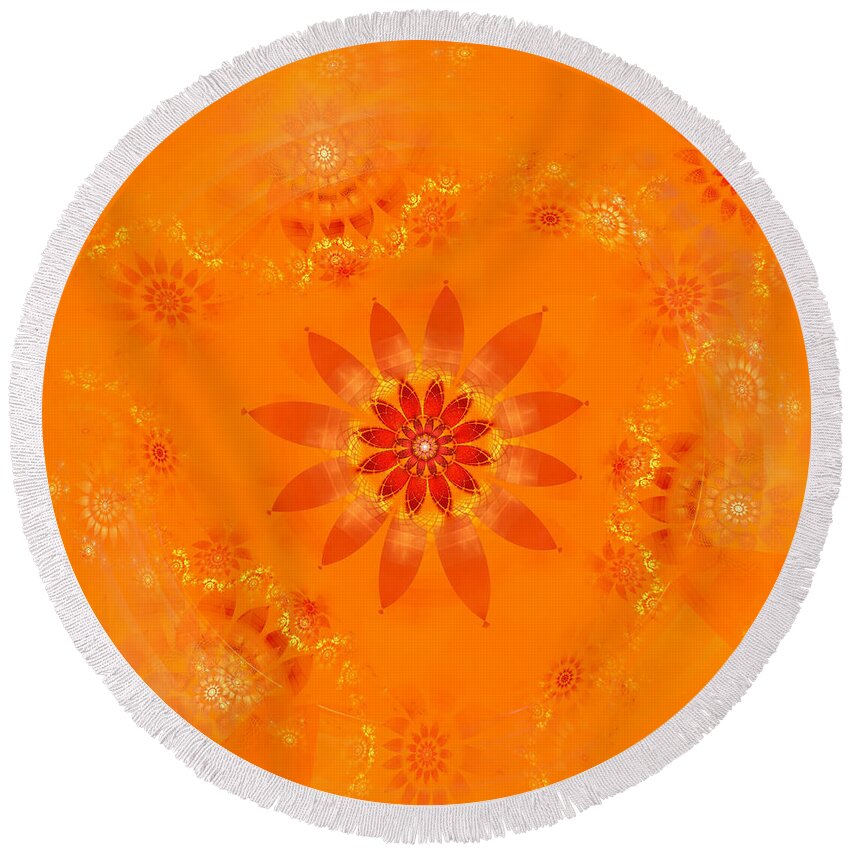 Fractal Round Beach Towel featuring the digital art Blossom in Orange by Richard Ortolano