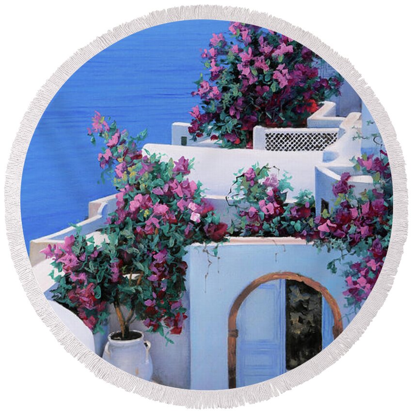 Greecescape Round Beach Towel featuring the painting Blu Di Grecia by Guido Borelli