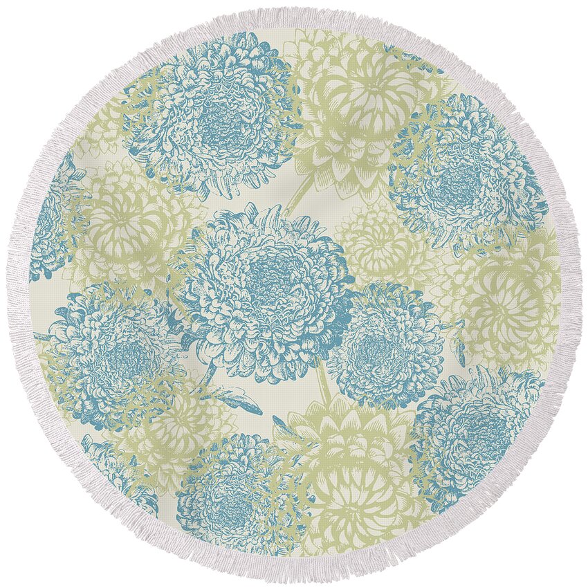Graphic-design Round Beach Towel featuring the digital art Blue And Green Flowers by Sylvia Cook