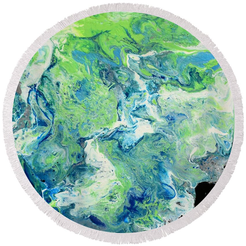 Green Round Beach Towel featuring the painting Blue and Green Vibrations by Shelly Tschupp