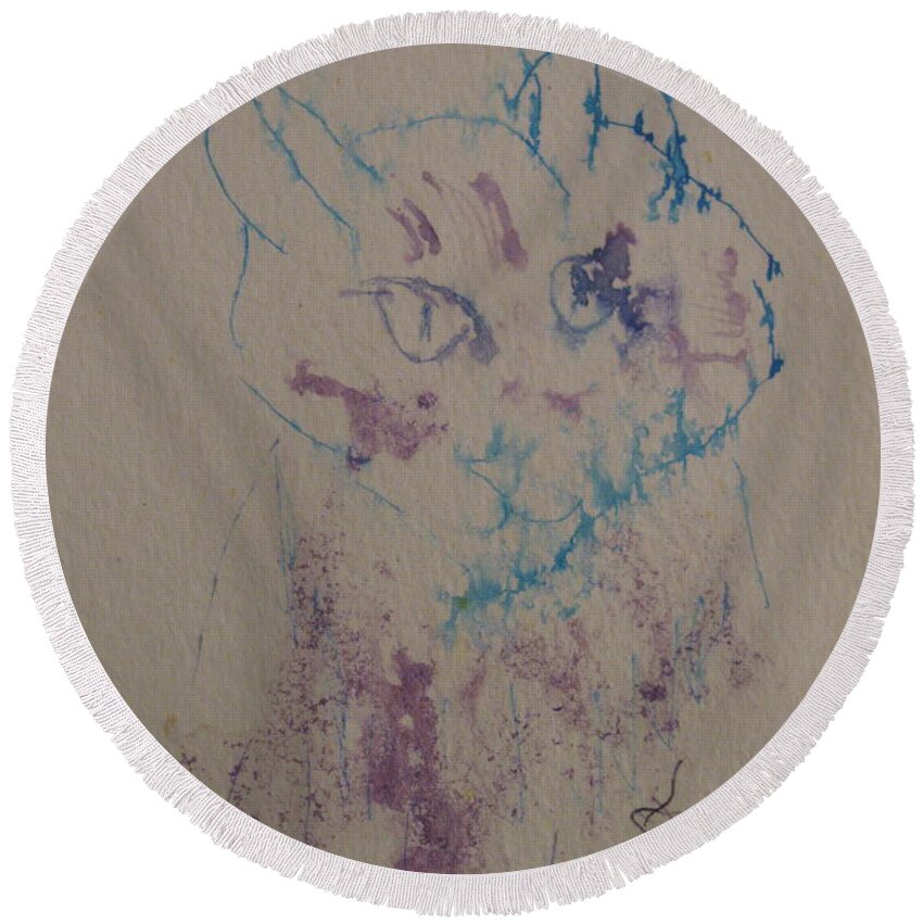 Blue Round Beach Towel featuring the drawing Blue And Purple Cat by AJ Brown