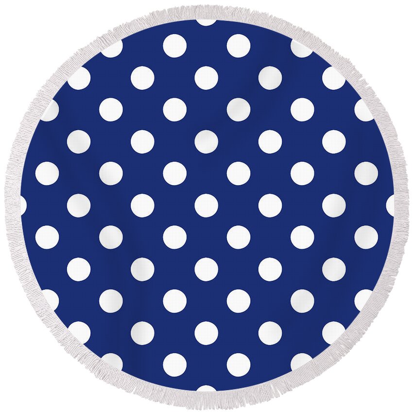 Blue Round Beach Towel featuring the mixed media Blue And White Polka Dots- Art by Linda Woods by Linda Woods