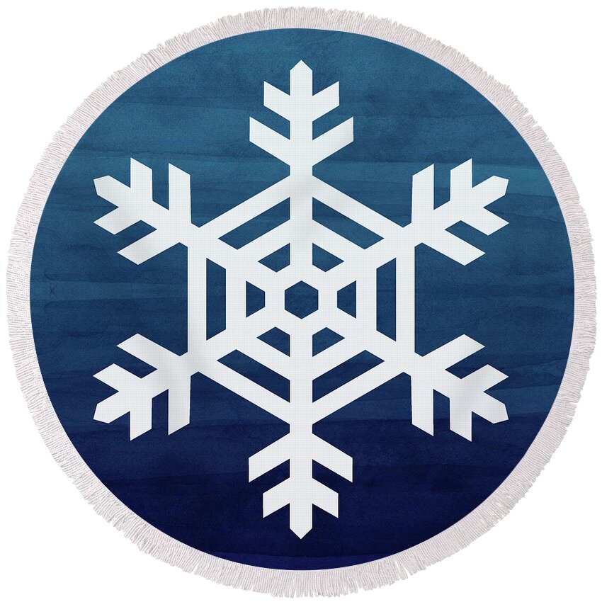 Snowflake Round Beach Towel featuring the mixed media Blue and White Snowflake- Art by Linda Woods by Linda Woods