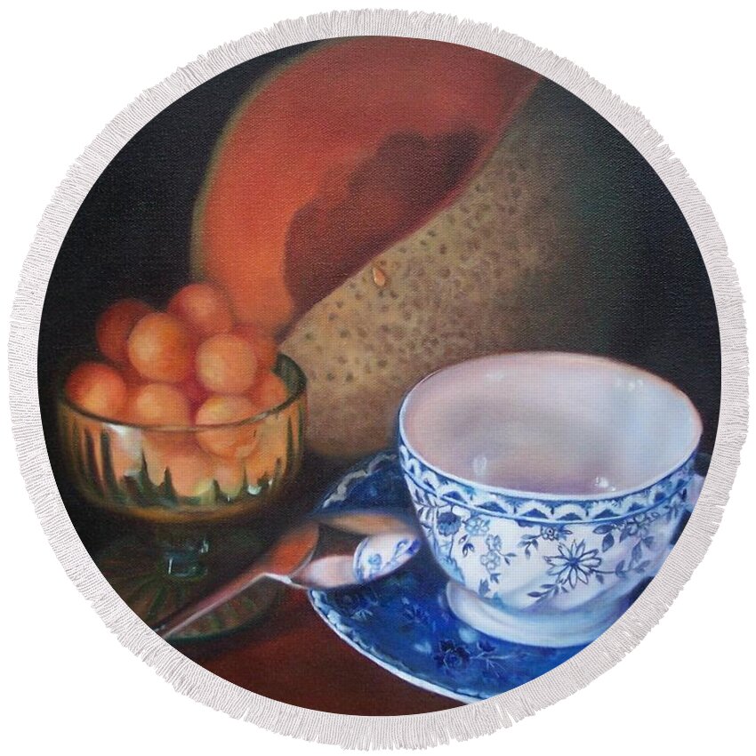Still Life Round Beach Towel featuring the painting Blue and White Teacup and Melon by Marlene Book