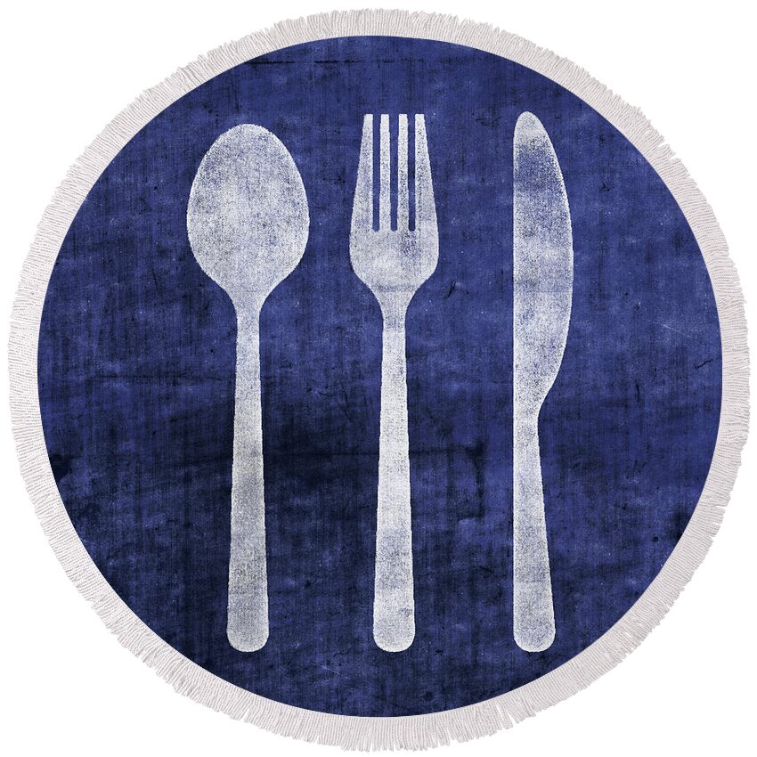 Utensils Round Beach Towel featuring the mixed media Blue and White Utensils- Art by Linda Woods by Linda Woods