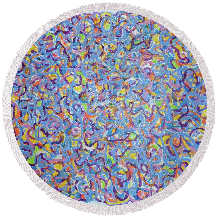 Abstract Round Beach Towel featuring the painting Blue and Yellow Swirls by Stan Chraminski