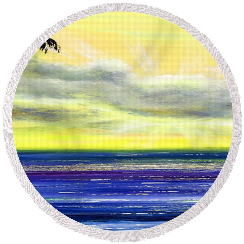 Sunset Round Beach Towel featuring the painting Blue and Yellow Tropical Sunset by Gina De Gorna