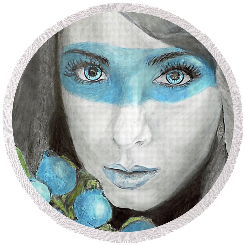 Girl Round Beach Towel featuring the drawing Blue Berry Kisses by Quwatha Valentine