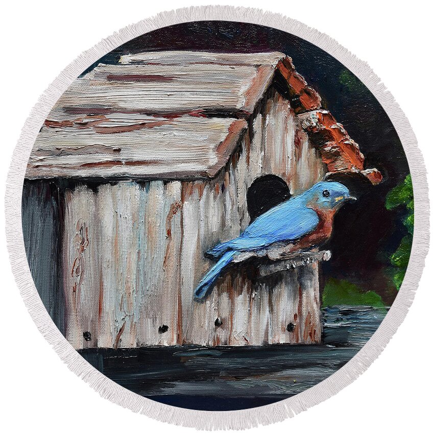 Blue Bird House Round Beach Towel featuring the painting Blue Bird on Lake Odom by Jan Dappen