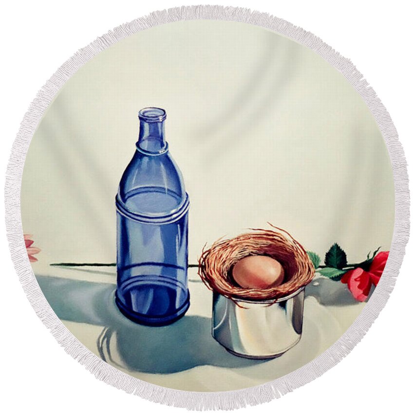 Bird Nest Round Beach Towel featuring the painting Blue bottle flowers and bird nest by Christopher Shellhammer