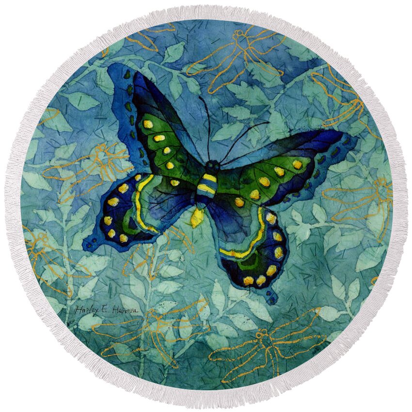 Butterfly Round Beach Towel featuring the painting Blue Butterfly by Hailey E Herrera