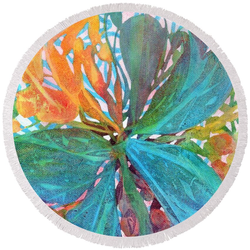 Colorful Abstract Butterfly In A Rainbow-colored Make Believe World. This Vibrant Butterfly Painting Is The Perfect Accent Piece To Brighten Your Room Or Attract Attention When Added To Any Grouping.  Round Beach Towel featuring the painting Blue Butterfly by Joan Clear