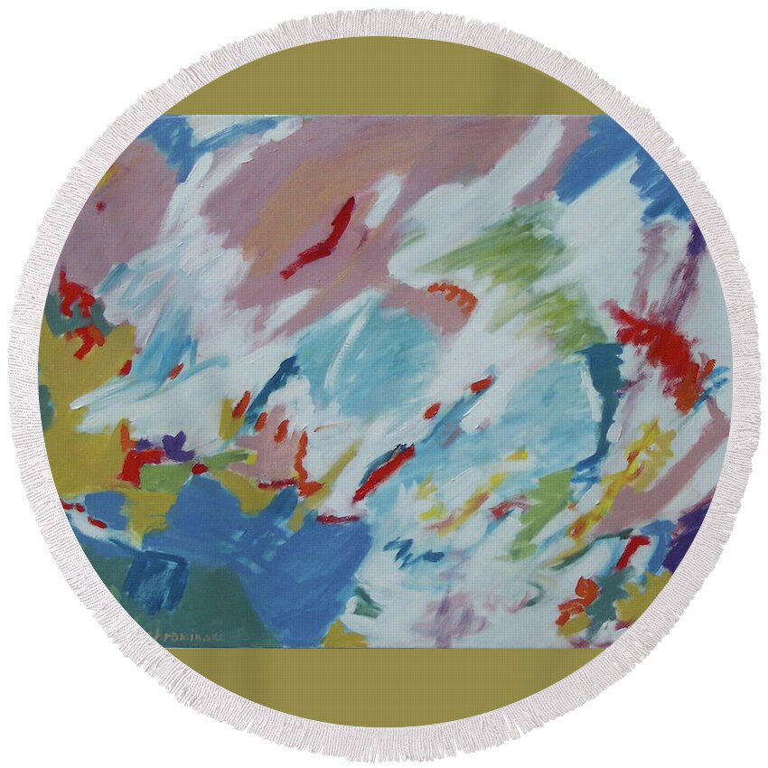 Abstract Round Beach Towel featuring the painting Blue Butterfly by Stan Chraminski