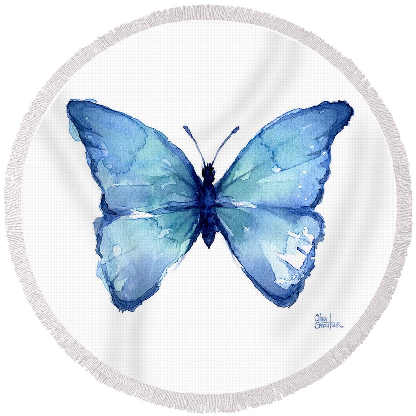 Watercolor Round Beach Towel featuring the painting Blue Butterfly Watercolor by Olga Shvartsur