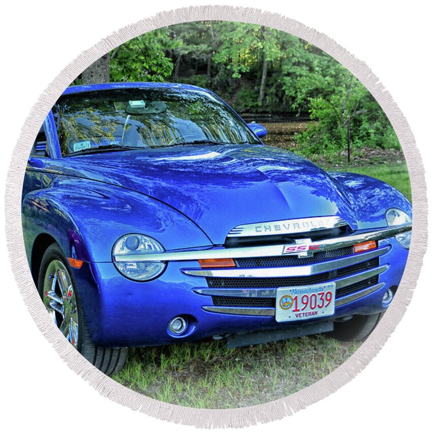 Blue Round Beach Towel featuring the photograph Blue Chevy Super Sport Roadster by Mike Martin