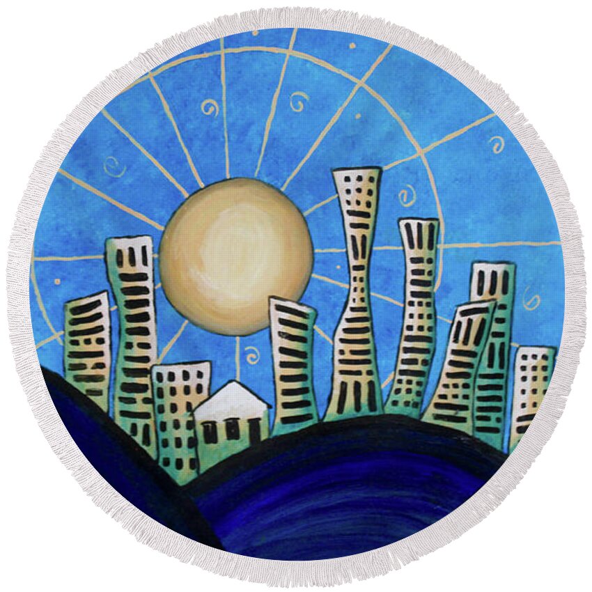 Blue Round Beach Towel featuring the painting Blue City by April Burton