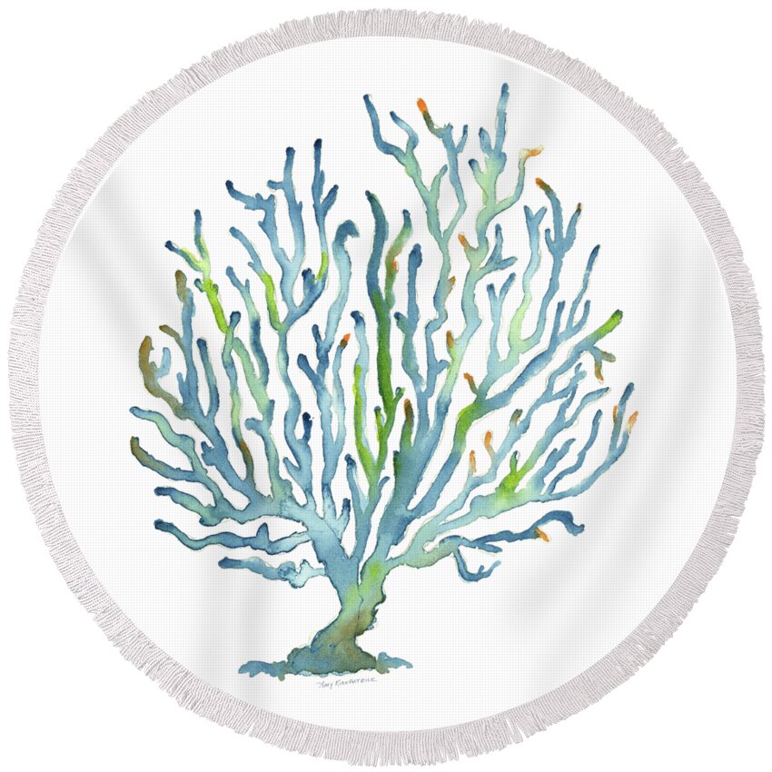 Watercolor Coral Round Beach Towel featuring the painting Blue Coral by Amy Kirkpatrick