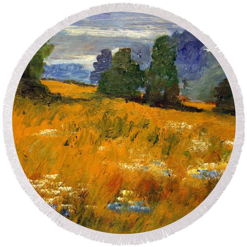 Paintings Round Beach Towel featuring the painting Blue Cornflowers on the Meadow by Julie Lueders 