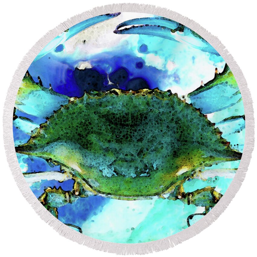 Crab Round Beach Towel featuring the painting Blue Crab - Abstract Seafood Painting by Sharon Cummings