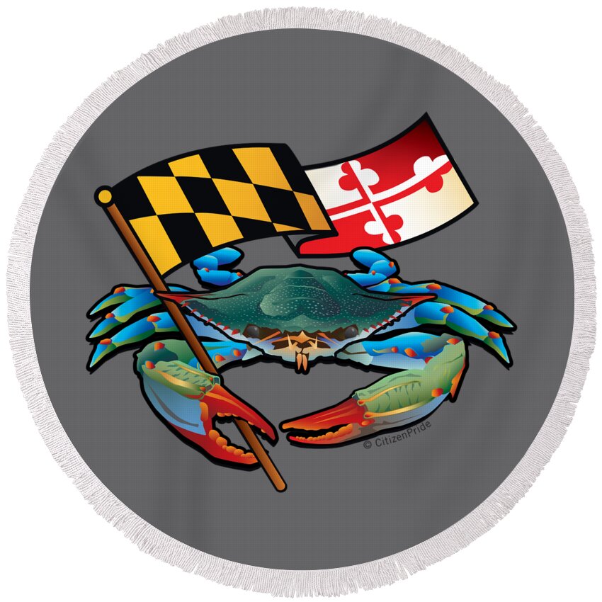 Maryland Flag Round Beach Towel featuring the digital art Blue Crab Maryland Flag by Joe Barsin