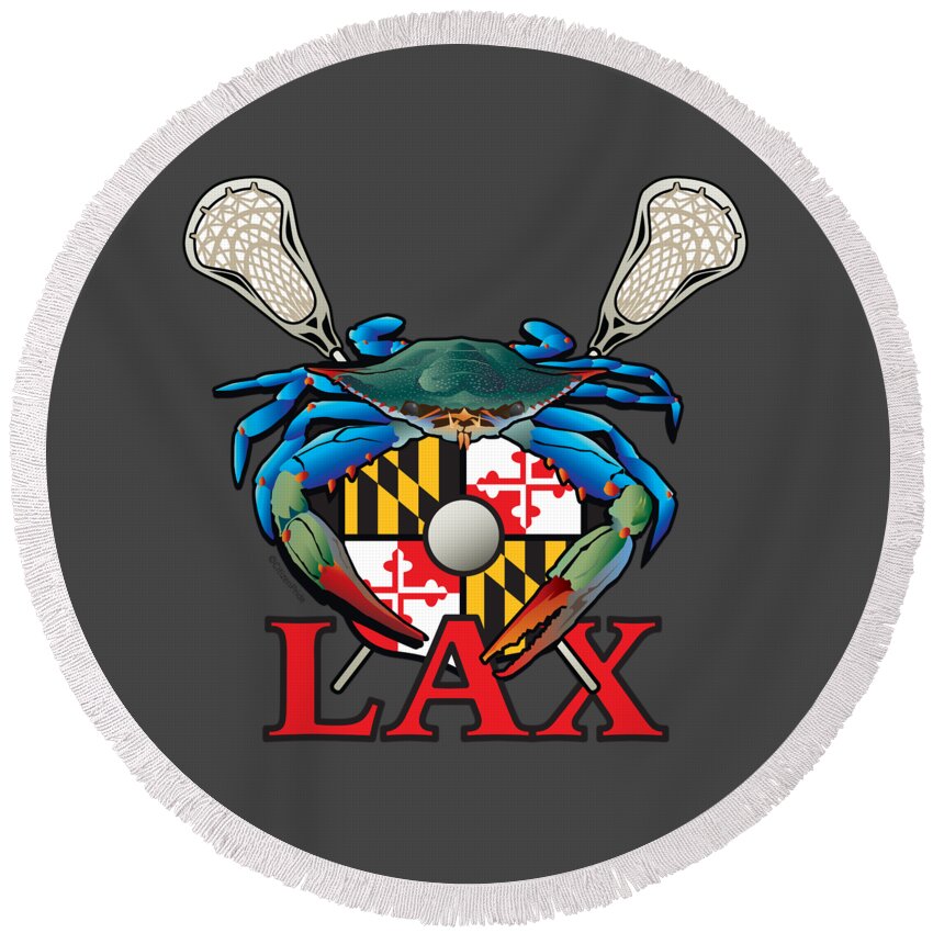 Lax Round Beach Towel featuring the digital art Blue Crab Maryland LAX crest by Joe Barsin