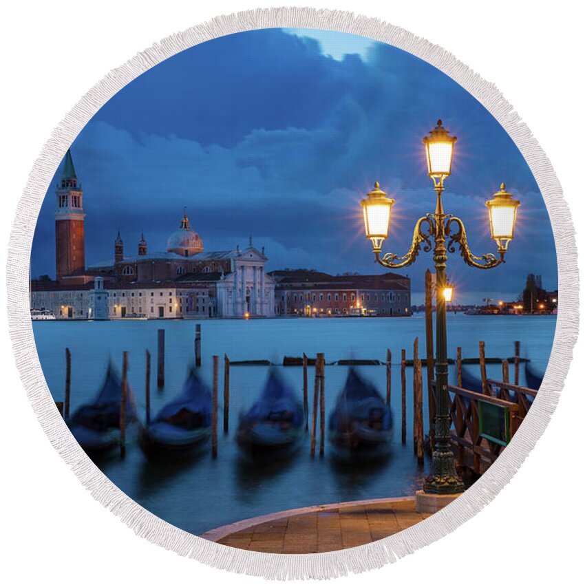 Venice Round Beach Towel featuring the photograph Blue Dawn Over Venice by Brian Jannsen