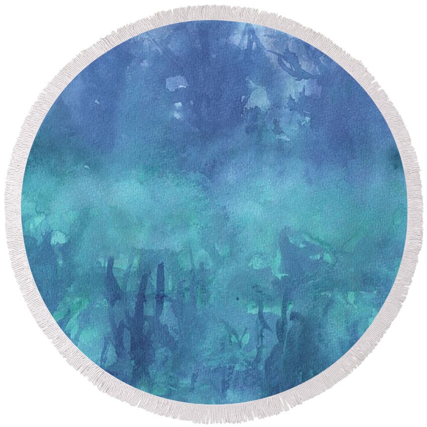 Abstract Round Beach Towel featuring the painting Blue Forest Lake by Marcy Brennan