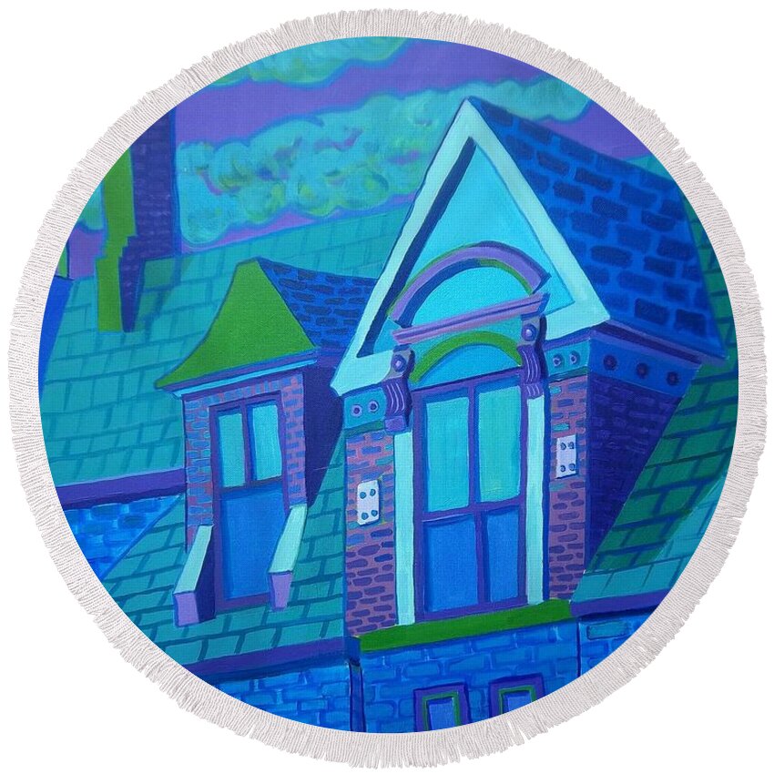 Blue Round Beach Towel featuring the painting Blue Gloucester Rooftop by Debra Bretton Robinson