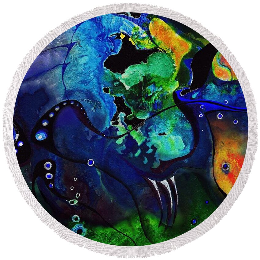 Abstractdigital Round Beach Towel featuring the painting Blue, Green And Orange Scenery by Wolfgang Schweizer